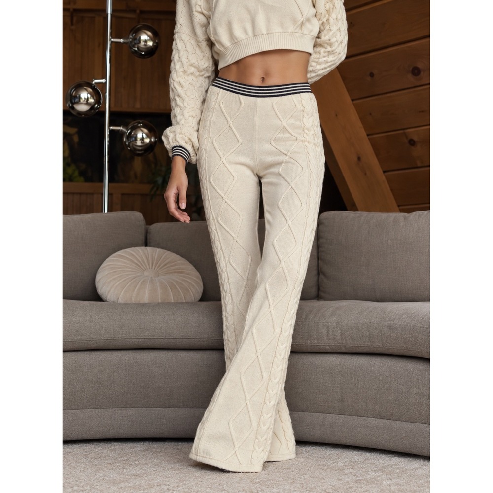 FP Movement Diamond Cable Knit Flare Pants Ivory White Striped Waist XS